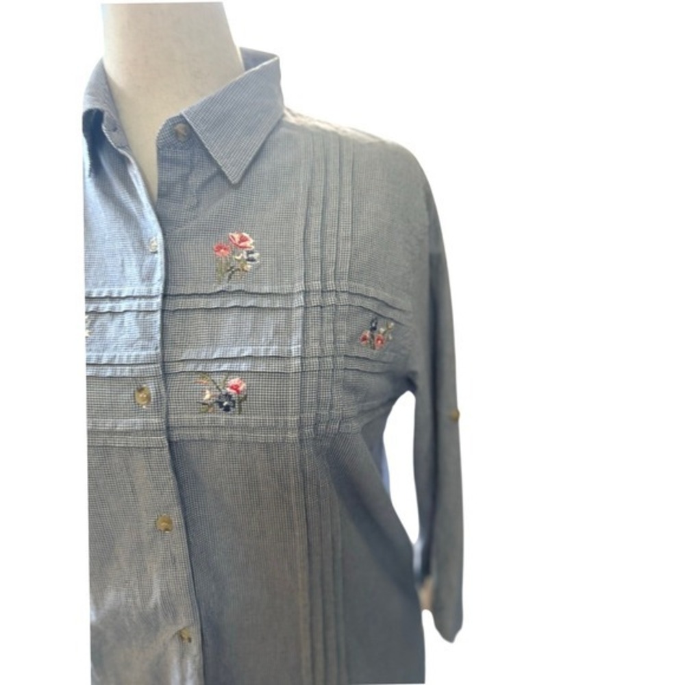 Vtg 100%Cotton Pintuck Blue Check Floral Embroidered Size 14 Spring Country